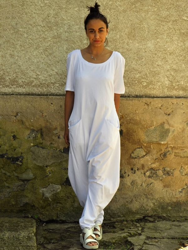 Casual Solid Color Split-Joint With Pocket Round-Neck Half Sleeves Wide Legs Jumpsuit