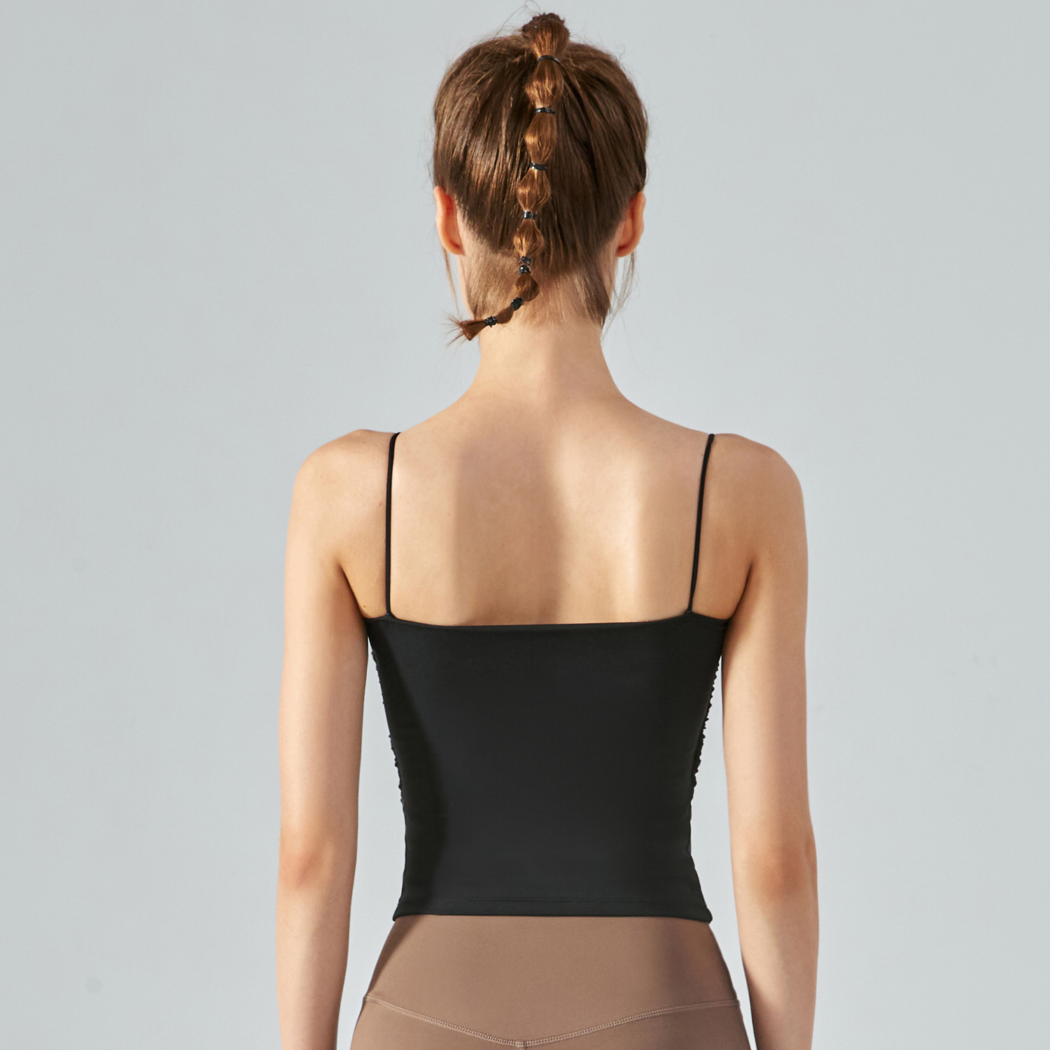 Shop Black women's high support ruched sides square neck nature skin friendly soft running vest with built in removable pads online on Hergymclothing