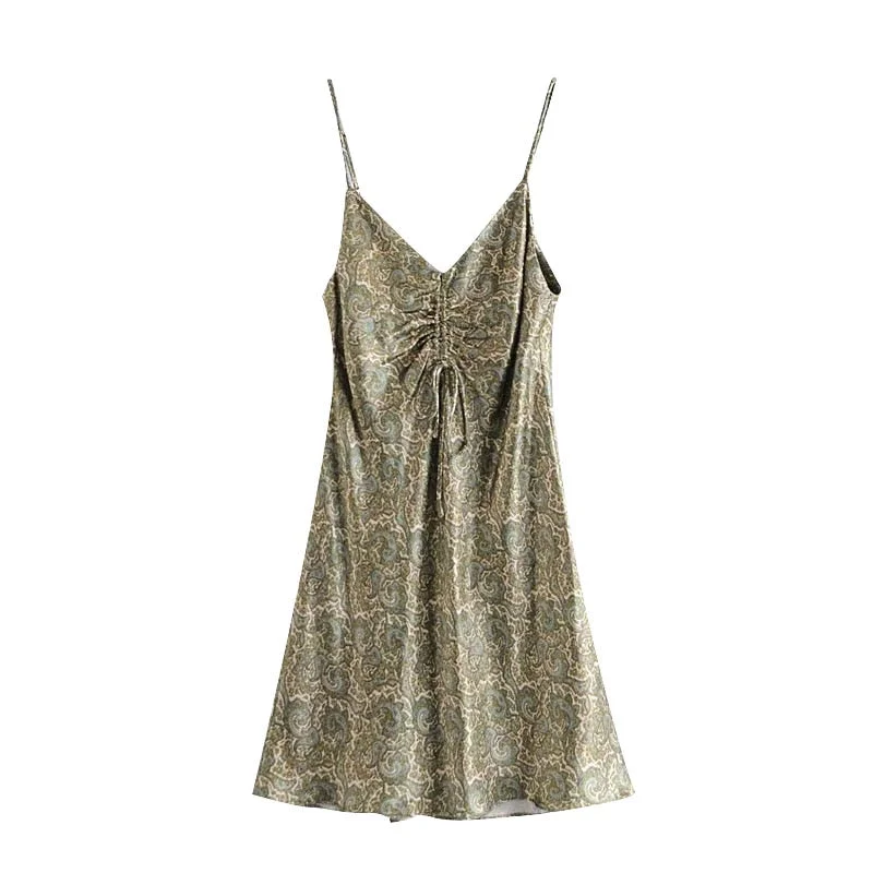 KPYTOMOA Women 2021 Chic Fashion With Bow Paisley Print Cozy Mini Dress Vintage V Neck Adjustable Straps Female Dresses Mujer