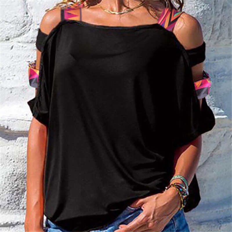 Tunics Hot Sale Women Bare Shoulder T Shirt New Vintage Boho Print Cold Shoulder Loose T-shirt Pure Color Short Sleeve Tees Tops