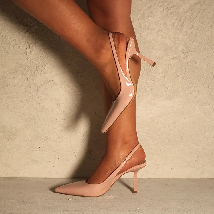 Pink Slingback Heels Pointed Toe Stilettos Shoes Office Patent Pumps |FSJ Shoes
