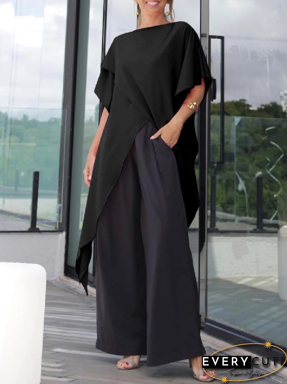 Irregular Clipping Loose Asymmetric Solid Color T-Shirts Tops