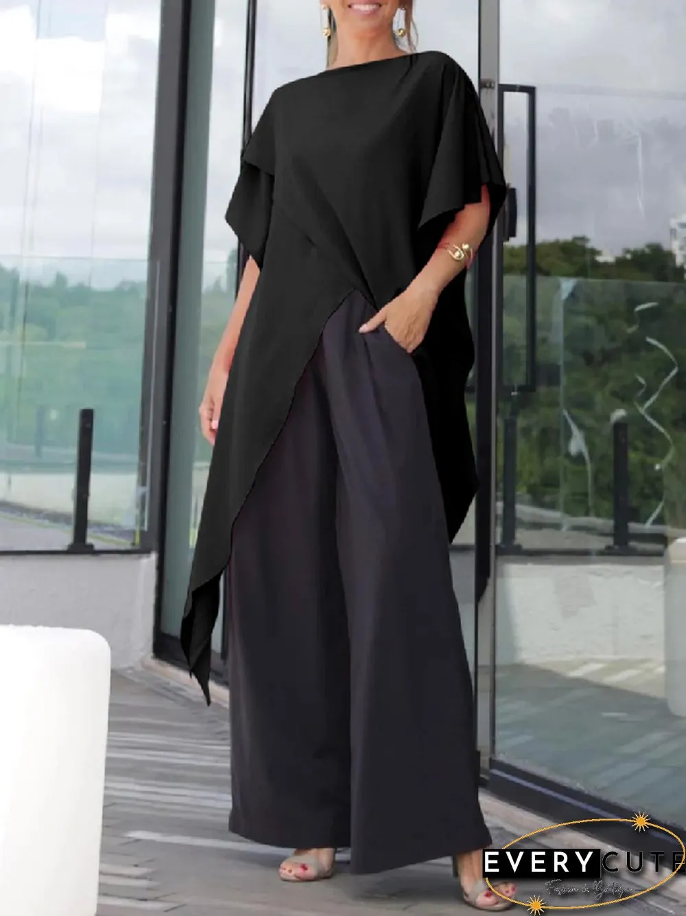 Irregular Clipping Loose Asymmetric Solid Color T-Shirts Tops