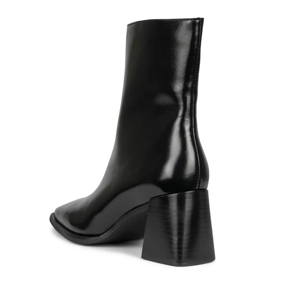 YDN Square Toe Side Zipper Short Chunky Heeled Boots in Black