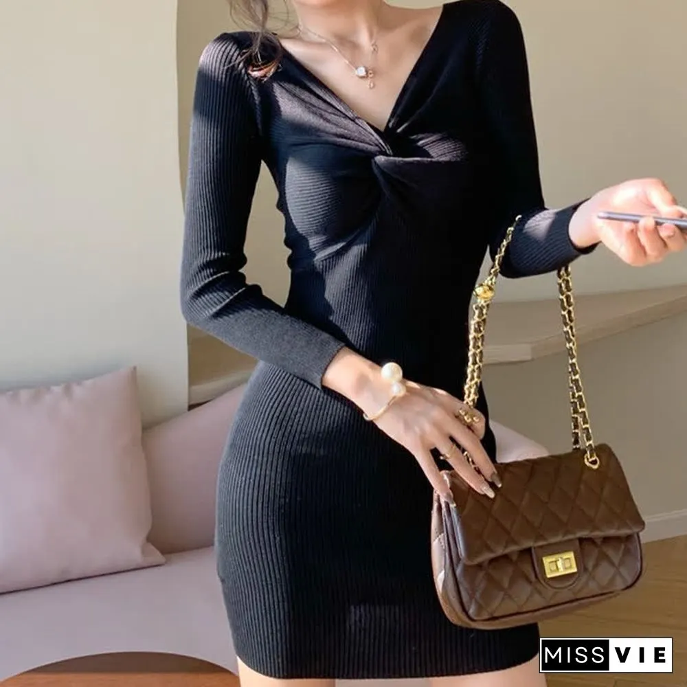 Pure Color V-neck Slim Knit Sweater Dress