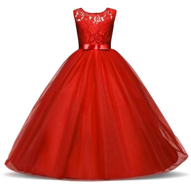 5-14 Years High-end Girls Wedding Party Lace Girl Dress Bridesmaid Clothes Princess Gowns Teen Girl Red Tulle Evening Dresses