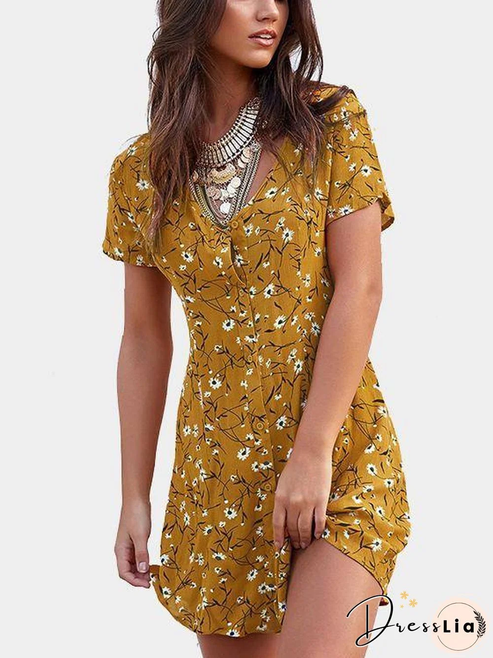 Random Floral Print Button Front Short Sleeves Mini Dress