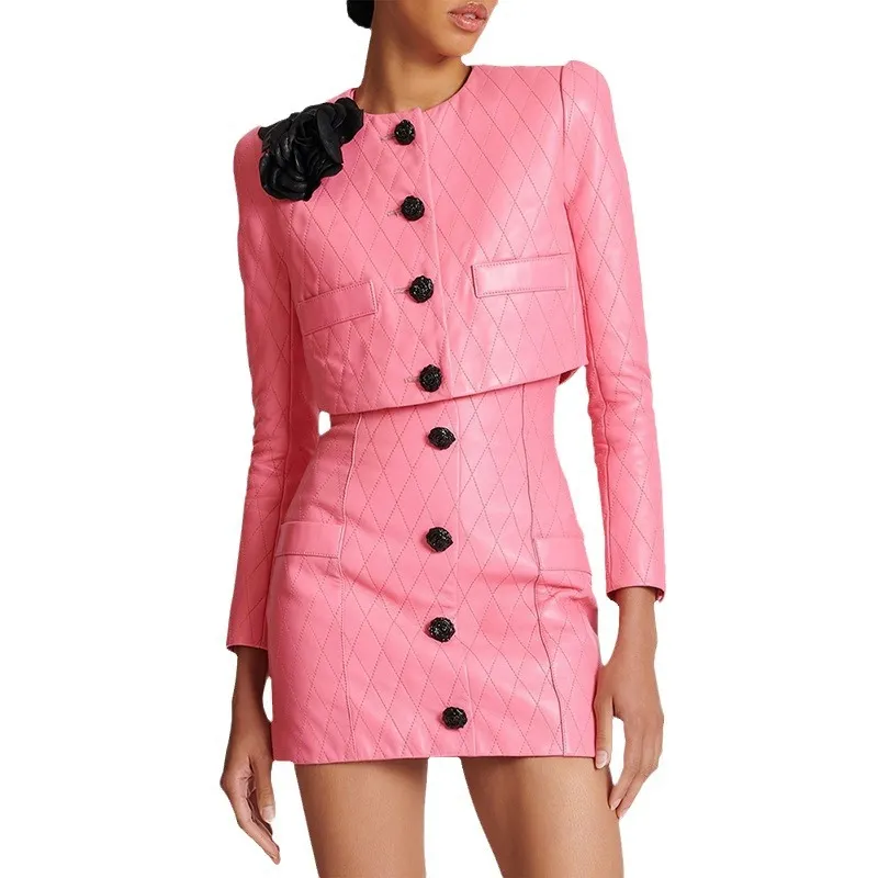 Nigikala Nigikala New Star Fashion Flowers Decorated Rose Buckle Ling Leather Short Jacket Jacket