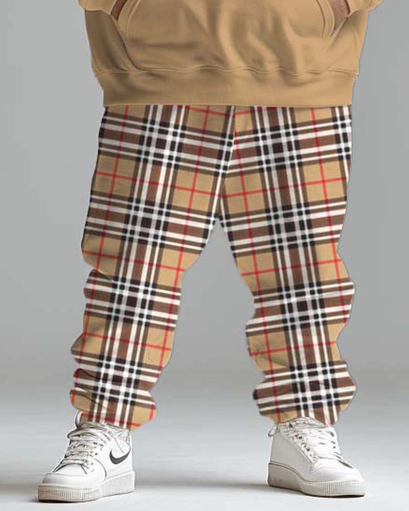 Men's Street Fashion Classic Plaid Spliced Big Hoodie Set