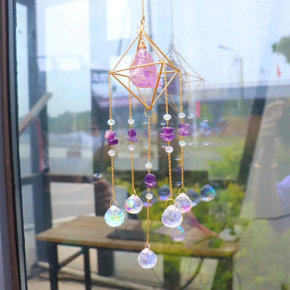 Crystal Wind Chimes Natural Stone Prism Light Catcher Garden Decor (Purple)