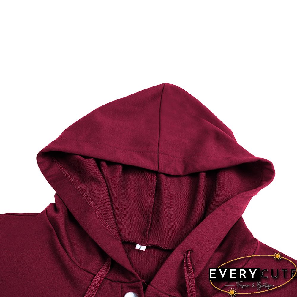 Solid Wine Red Button Collar Pocket Hoodie