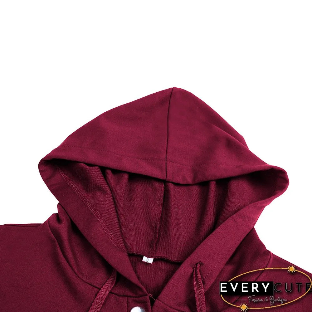 Solid Wine Red Button Collar Pocket Hoodie
