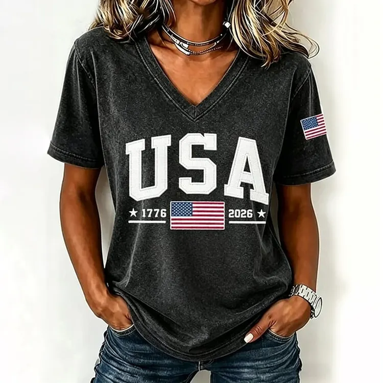 Women's Independence Day Print V-neck Short Sleeve Casual T-shirt