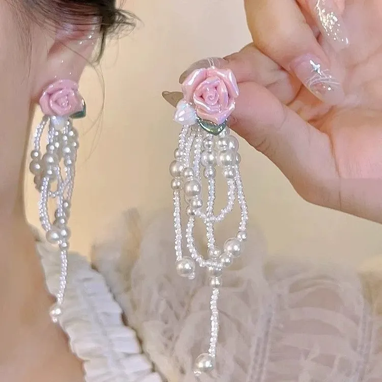 Vintage Alloy Pearl Rose Tassel Earrings