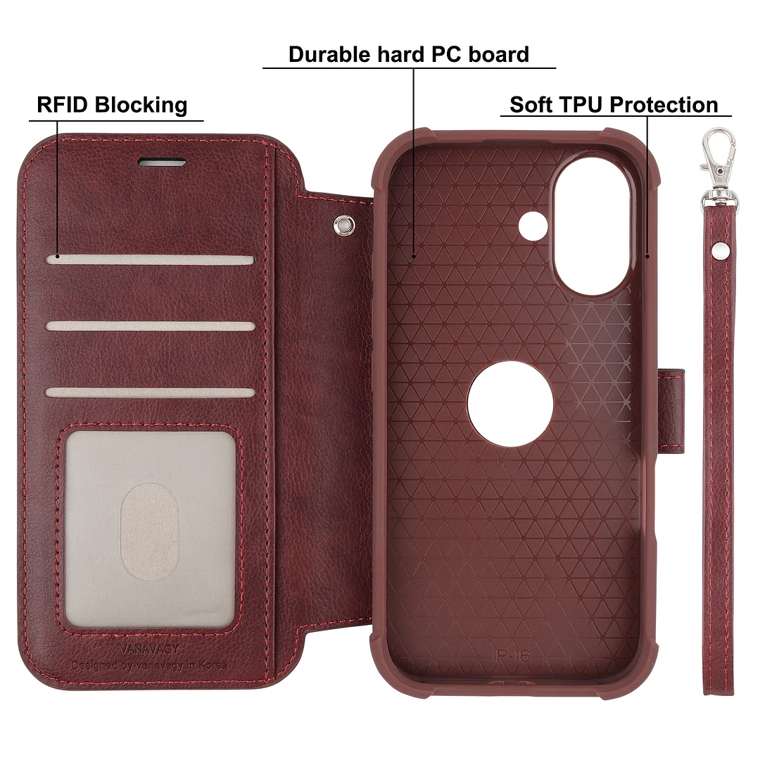 VANAVAGY Compatible for iPhone 16 Wallet Case for Magsafe Wireless Charging,Leather Flip Folio Wrist [Glass Screen Protectors & Camera Lens Protectors] with RFID Block Card Holder