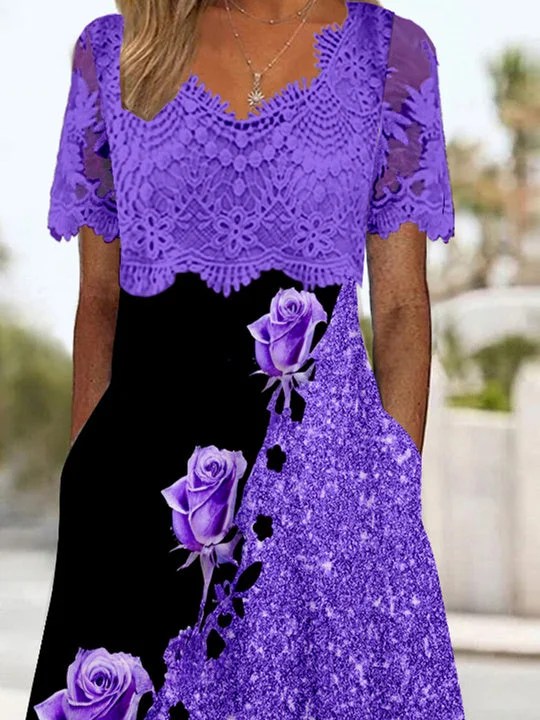 Women's Short Sleeve V-neck Floral Printed Graphic Lace Midi Dress