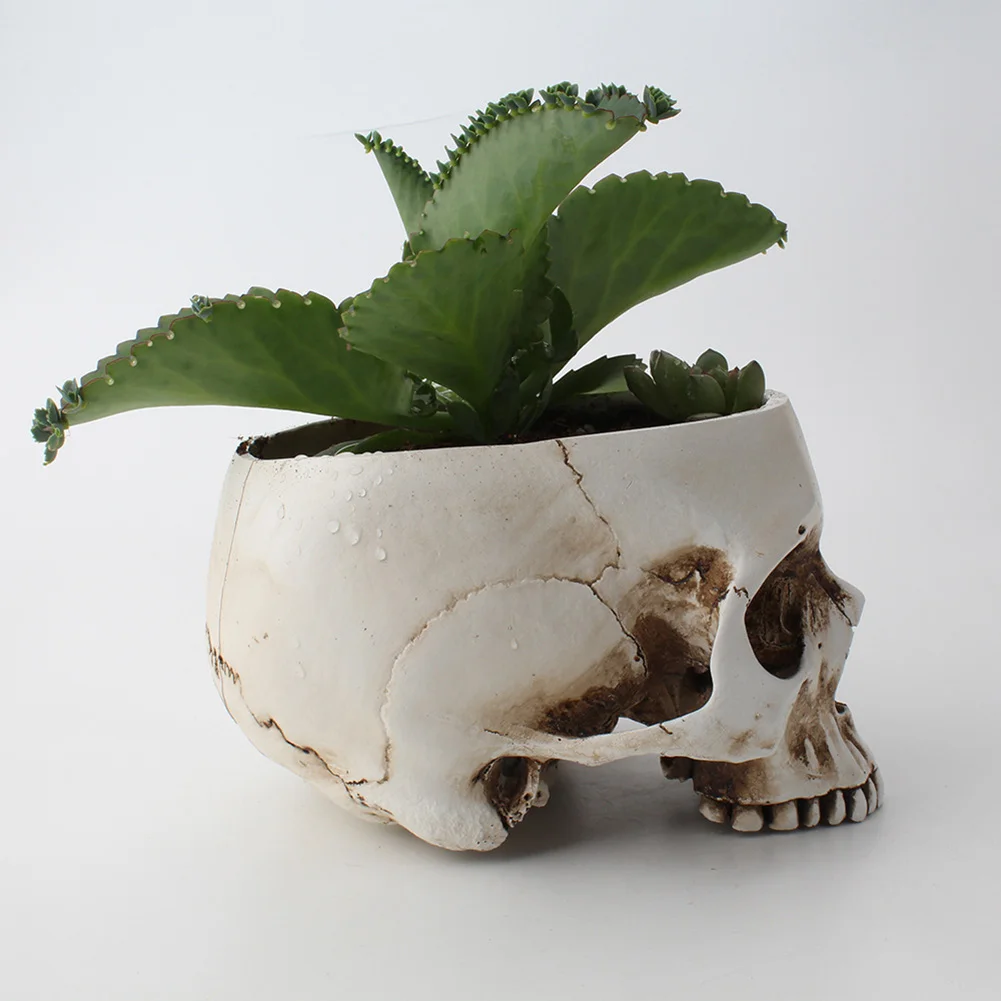 Resin Skeleton Flower Pot Sculptures Garden Office Container Human Skull