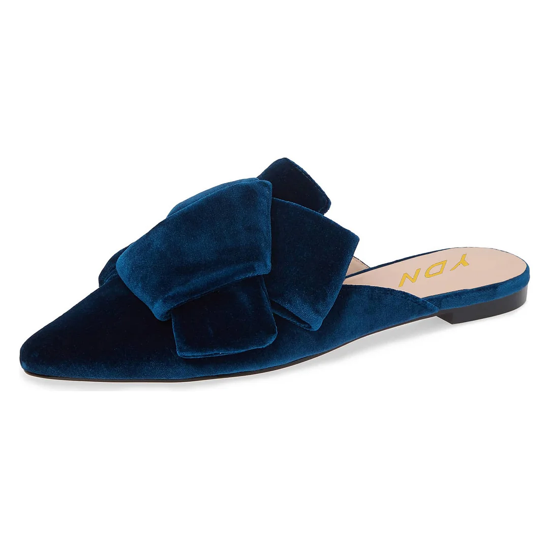 Velvet Pointed Toe Knot Decor Flat Women's Mules Shoes in Dark Blue