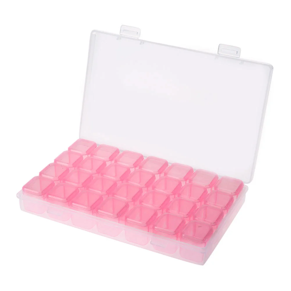 28 Grids Plastic Storage Box Nail Rhinestone Jewelry Display Case(Pink)