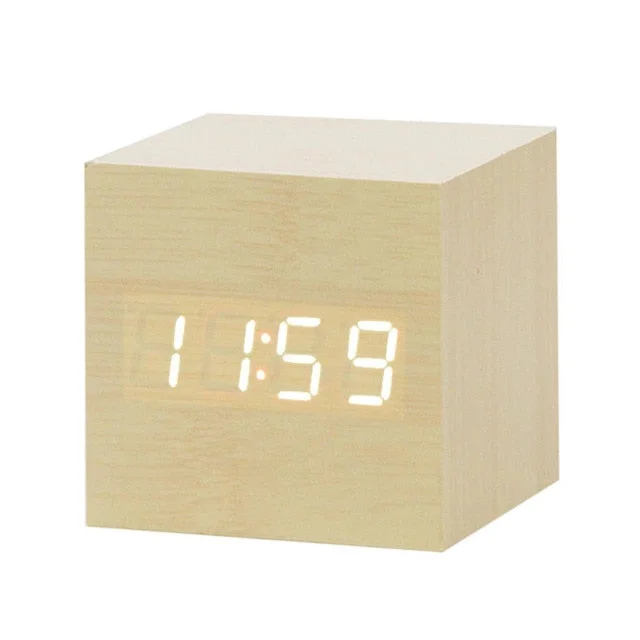 Wooden Digital LED Alarm Clock Voice Control USB/AAA Powered Electronic Table Clock Multifunction Temperature Desk Watch Decor