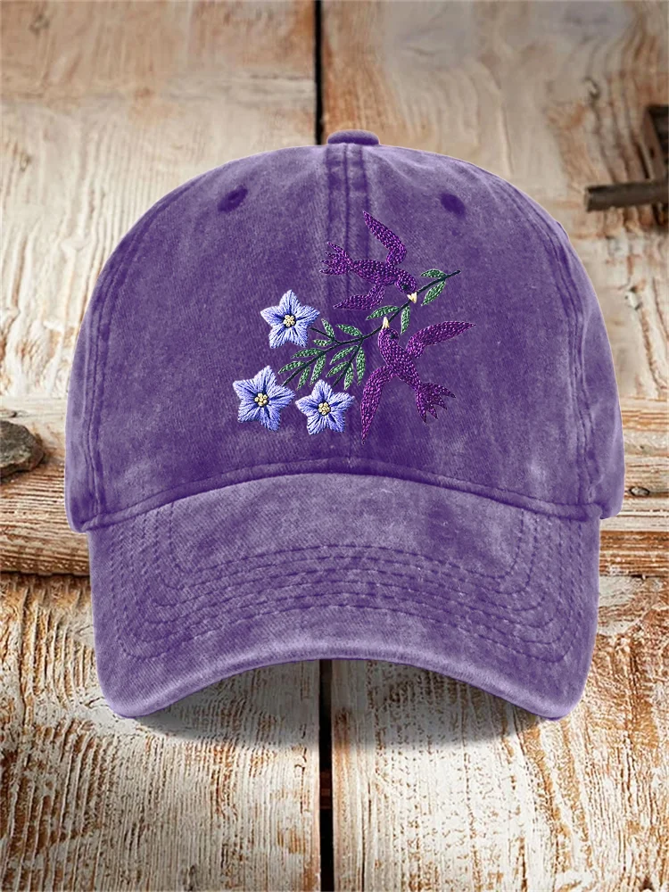 Bird & Flower Embroidery Pattern Washed Hat