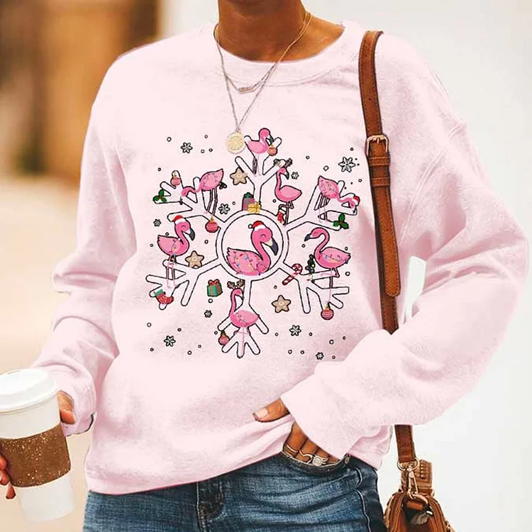 Wearshes Flamingo Holy Snow Print Casual Sweatshirt