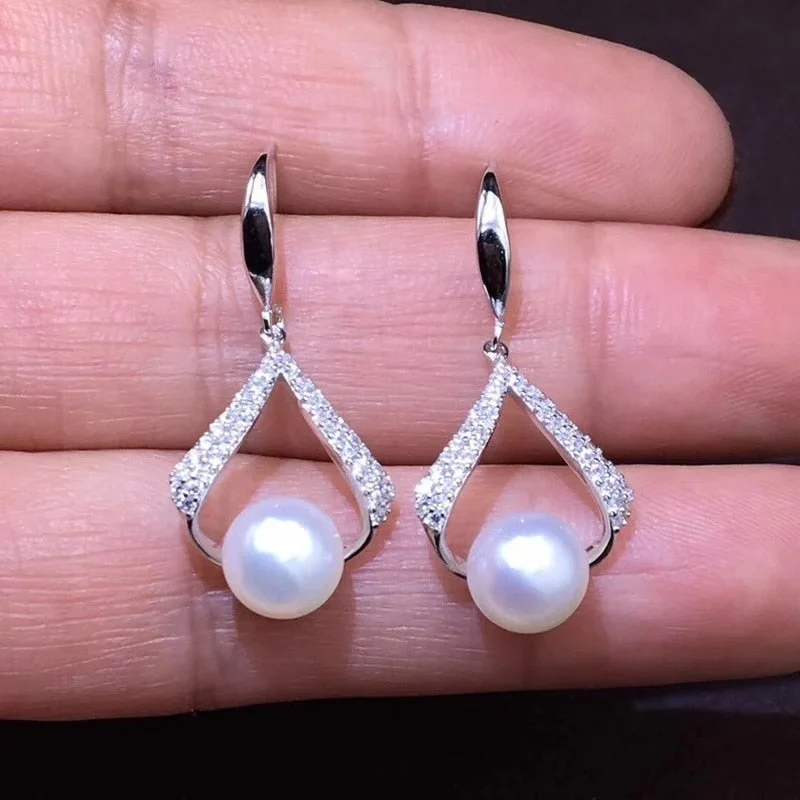 Fashion Metal Cubic Zirconia Inlaid Zircon Earrings Women Faux Pearl Hook Drop Earrings