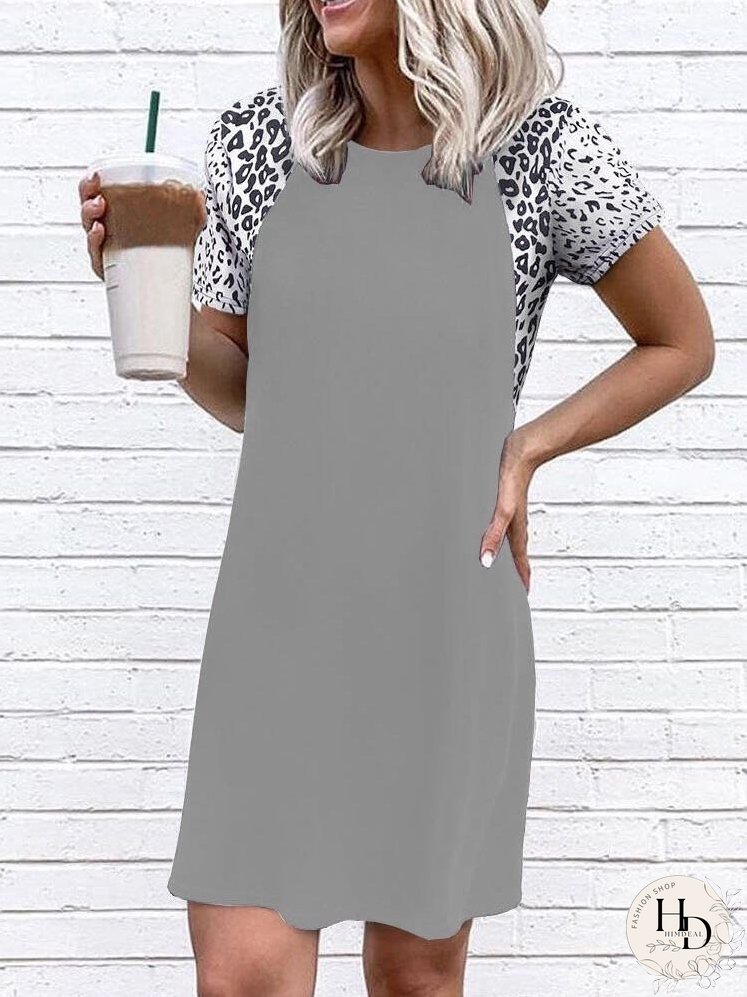 Casual Leopard Print Patchwork T-shirt Dress for Women