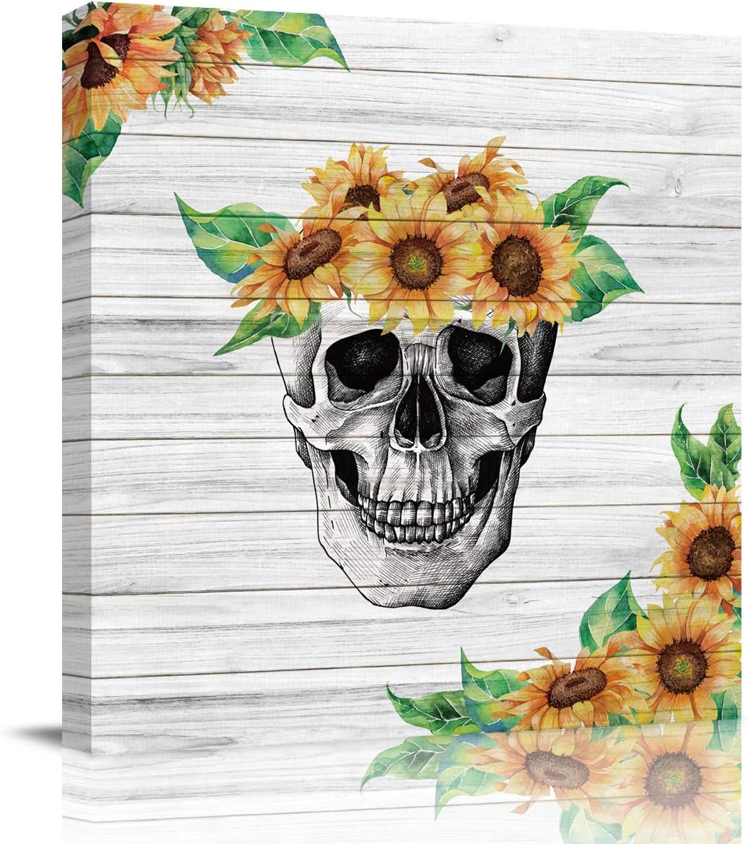 Wall Art for Office Decor, Wall Decor Canvas Prints for Living Room Decor Kitchen Decor, Room Decor Aesthetic Painting Posters, Sunflowers and Skull on Wood Canvas Wall Art, 12x12 Inch
