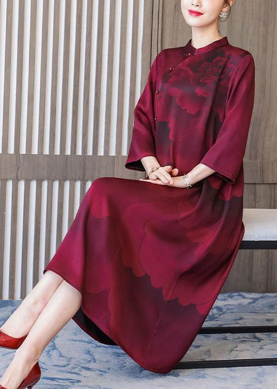 Women Red Stand Collar Print Silk Robe Dresses Bracelet Sleeve