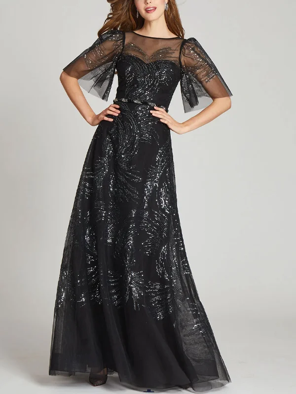 Sequined Tulle Gown Maxi Dress