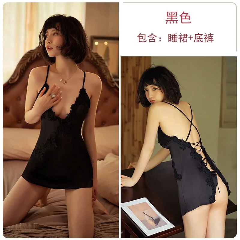 Billionm Tower French Pajamas Ice Silk Sling Nightdress Female Back Side Slit Romantic Silk Sexy Sleep Tops with Panty Pijamas Women