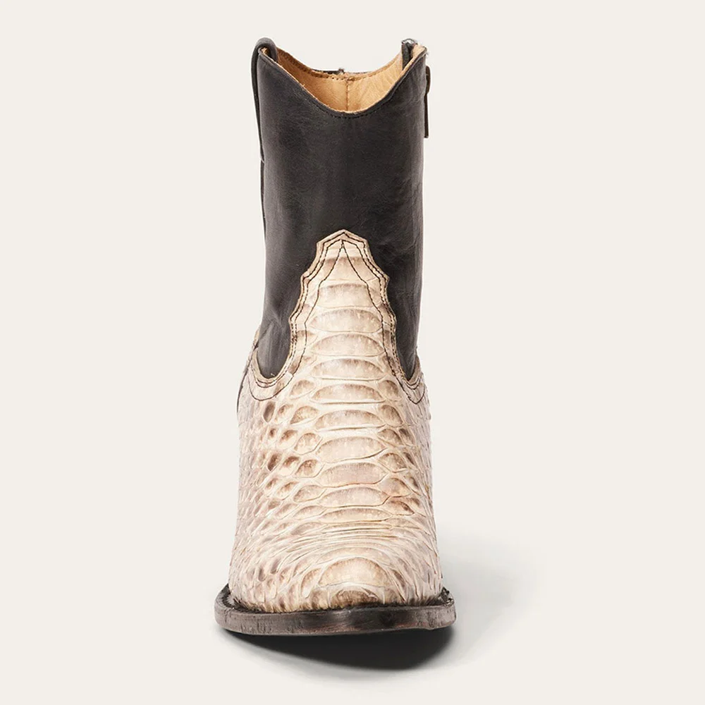 Python-Embossed Patchwork Almond Toe Chunky Heel Short Cowgirl Boots