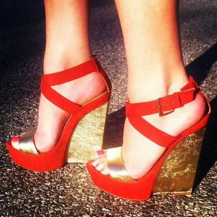 Women's Red Platform Heels Open Toe Ankle Strap Gold Wedge Sandals |FSJ Shoes