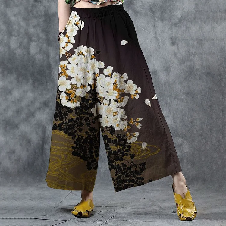 VChics Women's Retro Floral Art Print Cotton and Linen Comfortable Wide Leg Pants