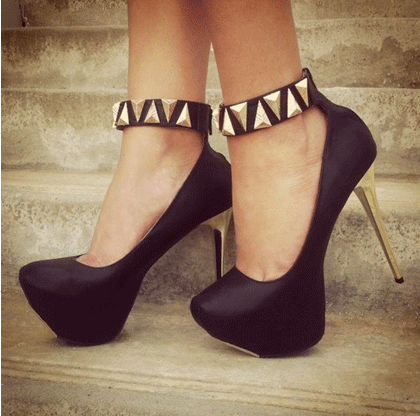 Black Platform Heels Metal Ankle Strap Stiletto Heel Pumps for Women |FSJ Shoes