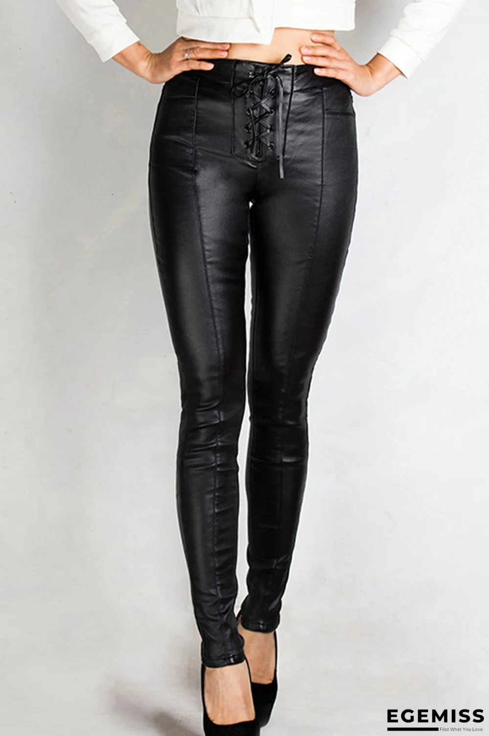 Black Trendy Drawstring Skinny PU Pants | EGEMISS