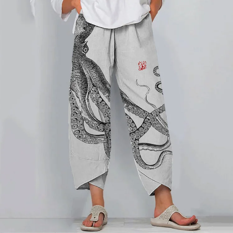 VChics Japanese Octopus Art Print Loose Casual Pants