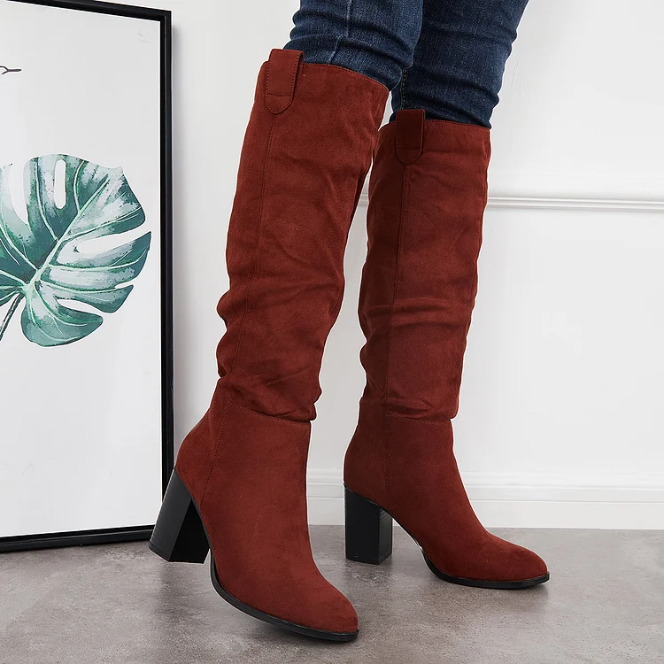 Pointed Toe Knee High Tall Boots Chunky Stacked Heel Riding Boots