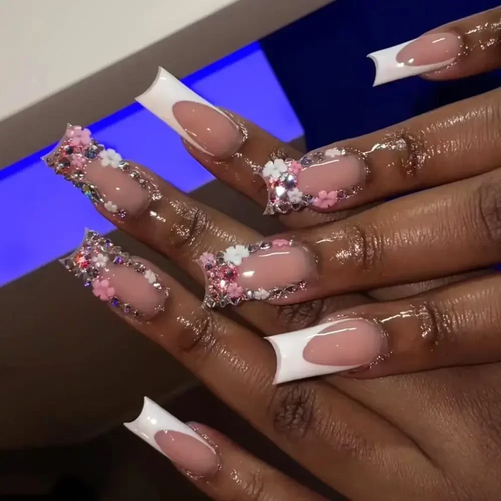 Ddmcloud 24pcs Long Ballerina Fake Nails Blue Crystal Flowers Pink Bow French False Nails Full Cover Press on Nails DIY Detachable