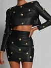 PU Leather Long Sleeve Rivet Fashion Skirt Two-Piece Suit