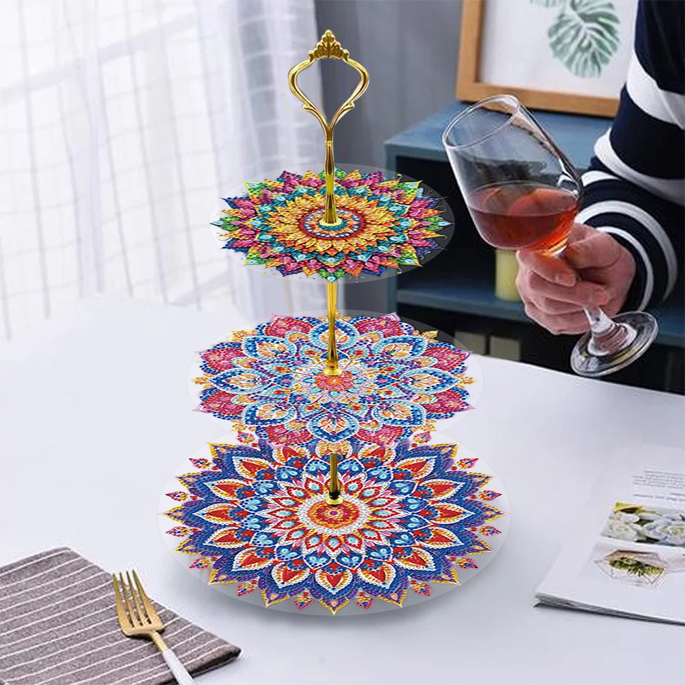 3 Tier Pattern Round Diamond Painting Tray Food Plate for Adults Beginners