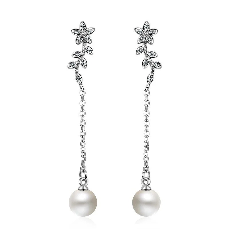 Crystal Silver Drop Pearl Earrings