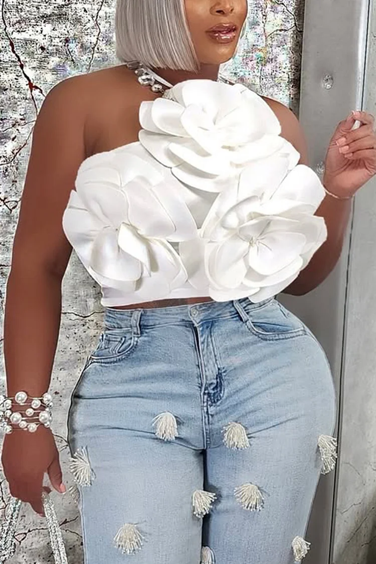 Plus Size Party White Halter Collar 3D Tank Tops [Pre-Order] 2024 - Xpluswear