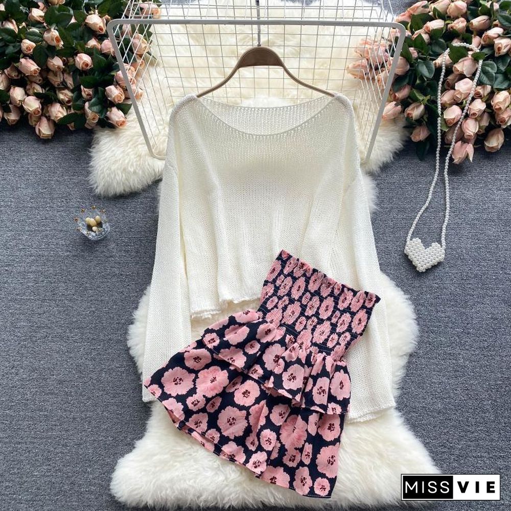 Long Sleeve Knit Tee+Floral Skirt P13316