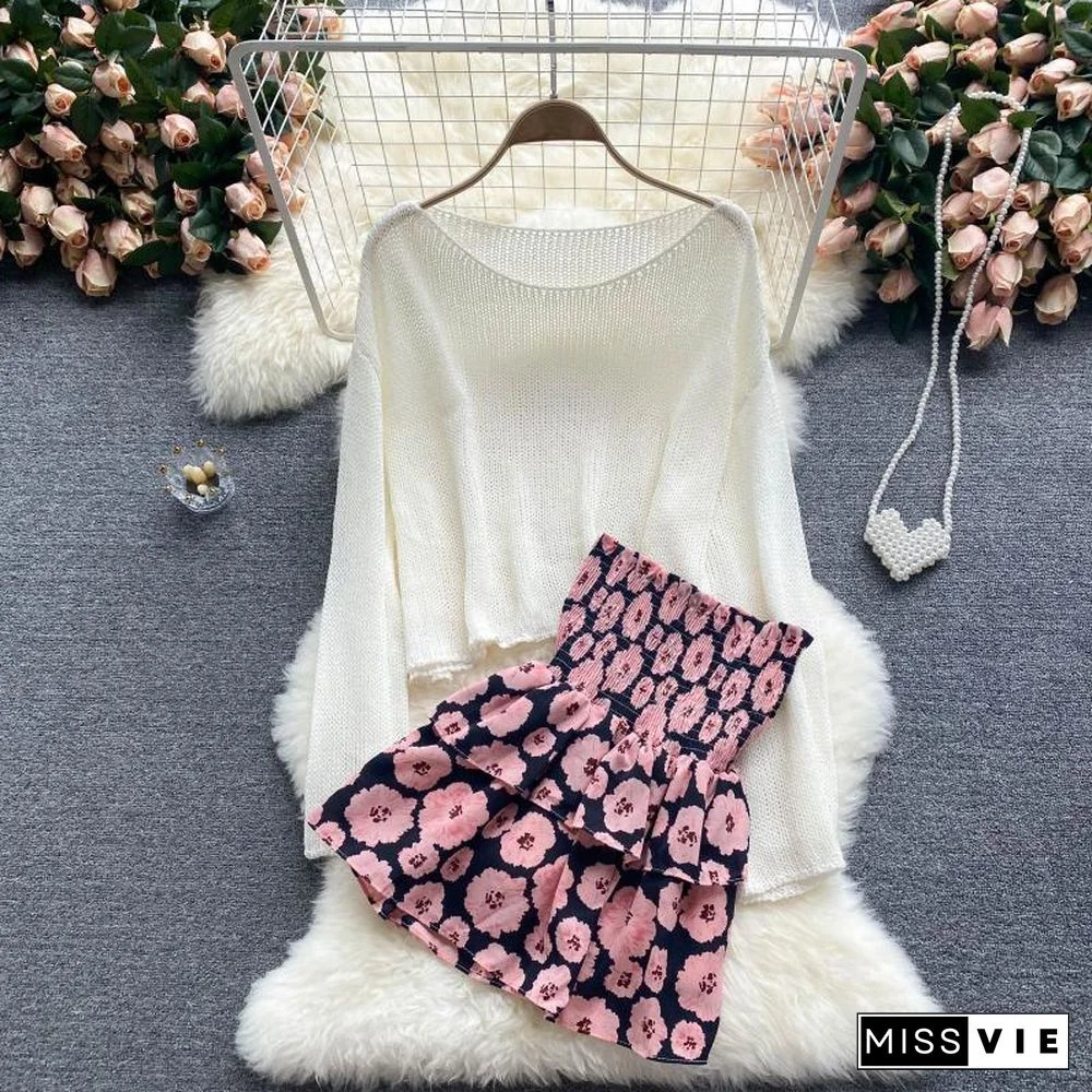 Long Sleeve Knit Tee+Floral Skirt P13316