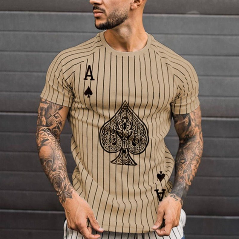 Summer  Men Stripe T-shirt Round Neck Shirt Fashion Poker Print Short Sleeve Mesh breathes and absorbs sweat Streetwear Clothing