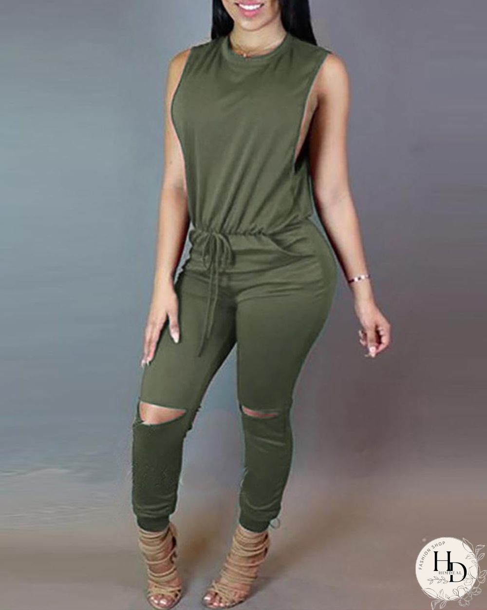 Sleeveless Solid Top & Drawstring Cut Out Pants Set P14849