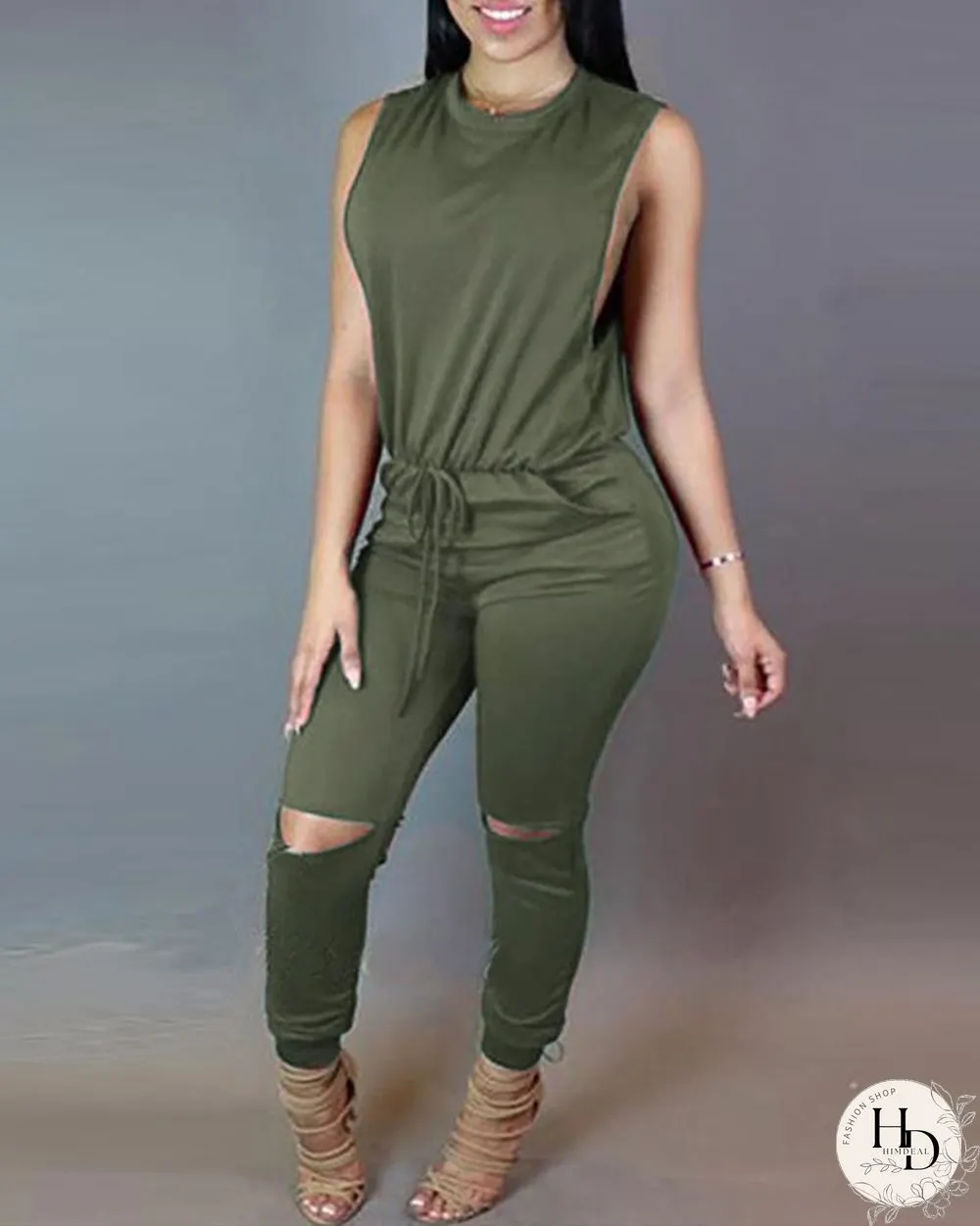 Sleeveless Solid Top & Drawstring Cut Out Pants Set P14849