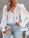 Plain Deep V-Neck Puff Sleeves Lace Crochetgo Casual T-Shirt Top